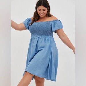 TORRID - Blue Chambray Off-Shoulder Smocked Skater Dress - 0/LG